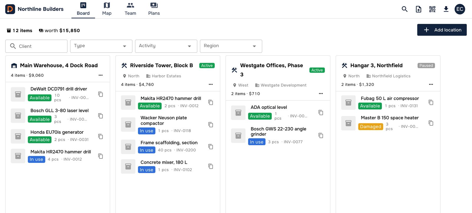 DraftRoute board: warehouse and jobsites as columns, each tool with its status and inventory number