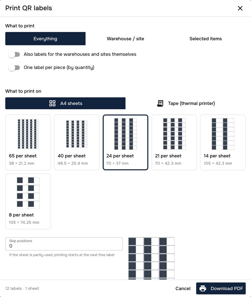 Label printing window with layouts