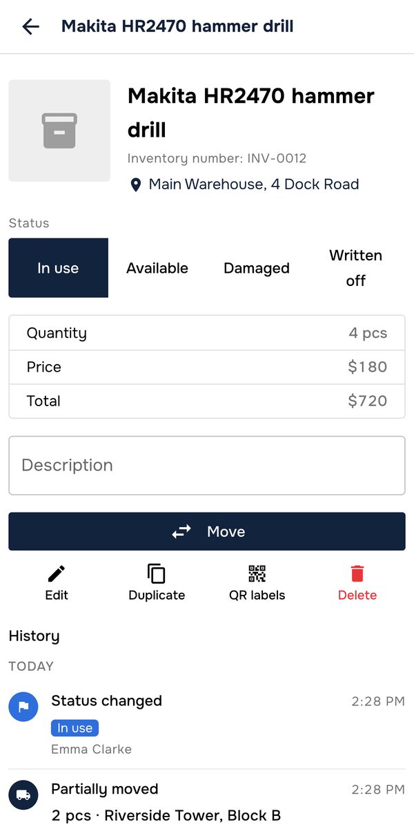 A tool on the phone: status, quantity, the Move button and history